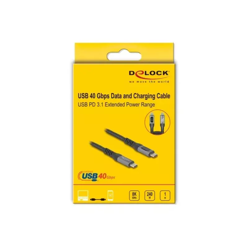 DeLOCK USB 40 Gbps Data and Fast Charging Coaxial Cable 1 m USB PD 3.1 240 W
