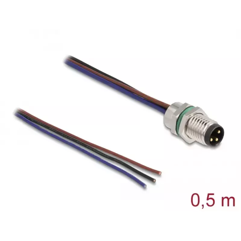 DeLOCK M8 panel-mount cable A-coded 3 pin male 0.5 m