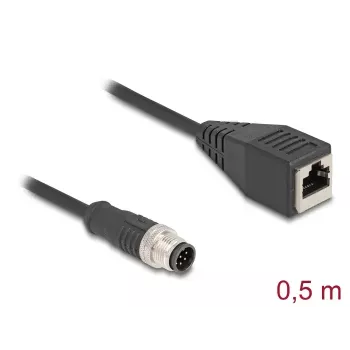 Network Cable DeLOCK M12 Cable A-coded 8 pin male to RJ45 female Cat5e 0.5 m Black