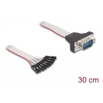 Flat ribbon RS-232 cable DELOCK 9-pin female header to D-Sub 9-pin male with nuts, 30 cm, black/grey