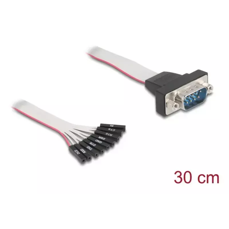 Flat ribbon RS-232 cable DELOCK 9-pin female header to D-Sub 9-pin male with nuts, 30 cm, black/grey