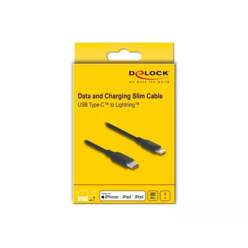 Cable DELOCK USB-C to Lightning slim 1 m, Lightning ↔ USB-C, 9 V 3 A, 3.3 mm, MFi