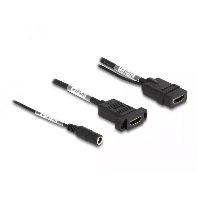 DeLOCK HDMI Cable 4K 60 Hz with DC feed 2.1 x 5.5 mm 0.30 m panel-mount