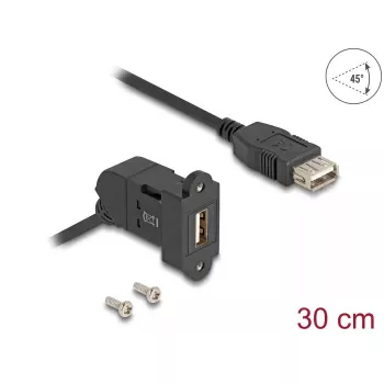 DeLOCK USB 2.0 Type-A panel mount female 45° angled to Type-A female with 30 cm cable black