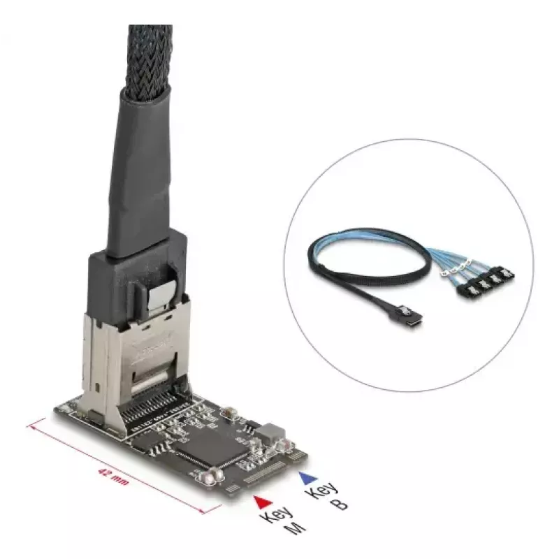 DELOCK internal M.2 to Mini-SAS adapter card 64260, M.2 host, Mini-SAS output, JMicron JMB585, black, LED
