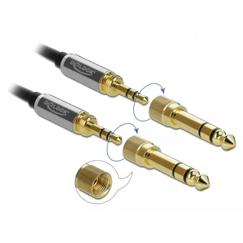 Audio cable DELOCK 85836 — 1 m, 3.5 mm male-to-male, gold-plated contacts, AWG 28, black