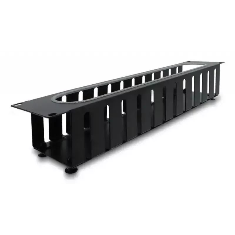 Cable management panel DELOCK 67279 — 2U steel rack accessory, black, opening with edge protection