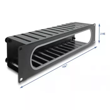Cable management panel DELOCK 67279 — 2U steel rack accessory, black, opening with edge protection