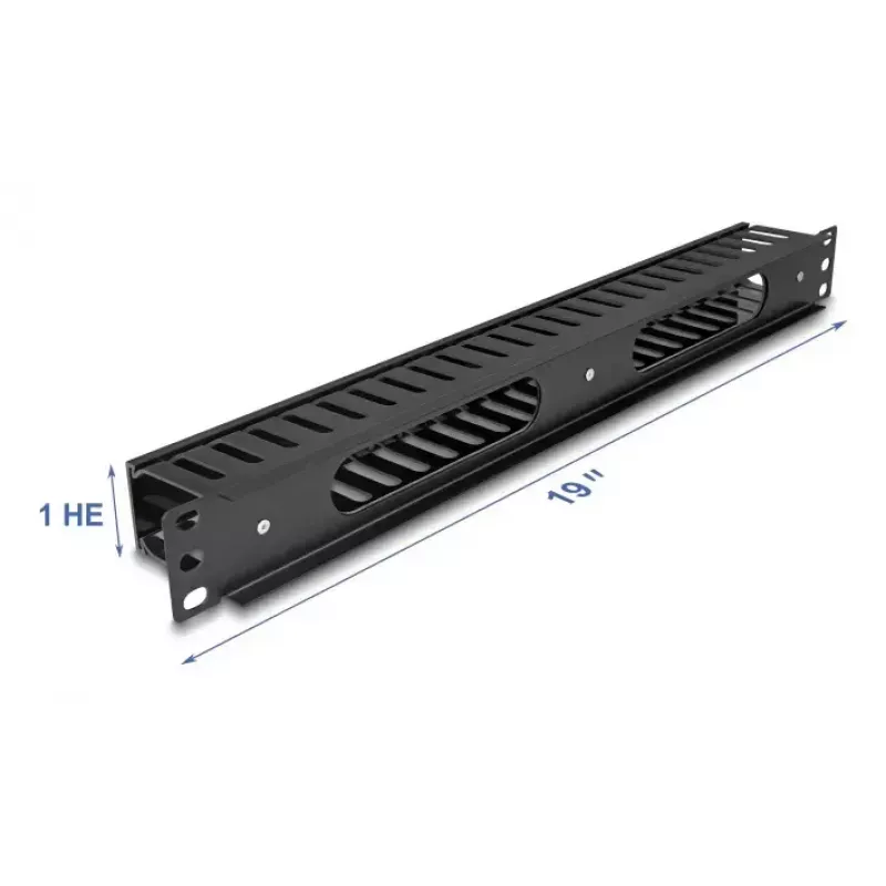 Cable management routing panel DELOCK 19 inch 1U with 2 openings, metal/plastic, black
