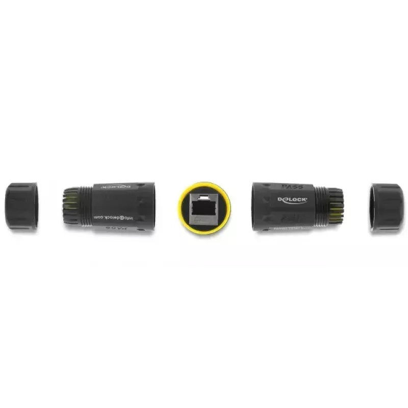 Connector adapter DELOCK RJ45 jack to RJ45 jack with M23 thread for Cat.6a/Cat.7, IP68, black