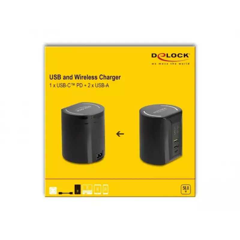 DeLOCK USB and Wireless Charger 1 x USB Type-C PD + 2 x USB Type-A 58 W