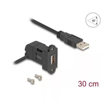 DeLOCK USB 2.0 Type-A panel mount female 45° angled to Type-A male 30 cm cable black