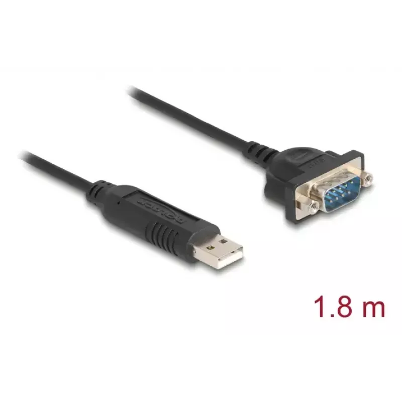 DELOCK USB RS-232 Adapter USB 2.0 to D-Sub 9 Male with Nuts, USB Type-A to RS-232, 1.8 m, Black