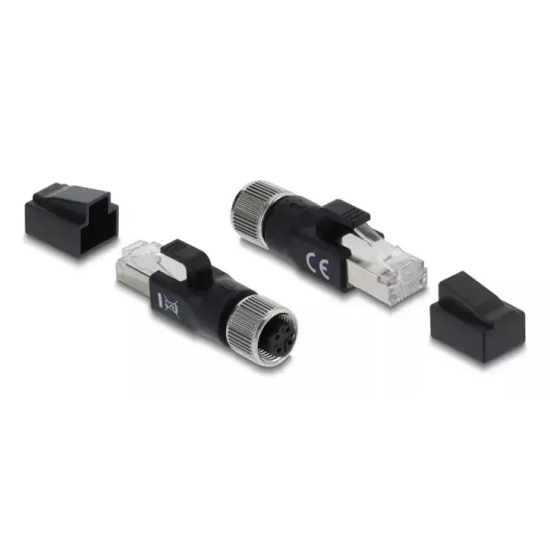 DELOCK M12 D-coded adapter 4-pin female to RJ45 plug, gold contacts, black