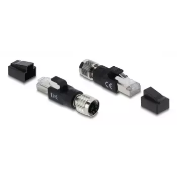 Adapter M12 X-coded 8-pin female to RJ45 plug, DELOCK 90834, gold-plated contacts, black