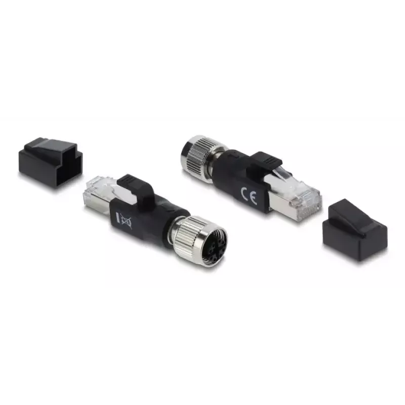 Adapter M12 X-coded 8-pin female to RJ45 plug, DELOCK 90834, gold-plated contacts, black