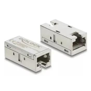 Adapter Coupler RJ45 jack-to-jack Cat.6A metal — DELOCK, flat, silver, 15.6×33.1×13.1 mm