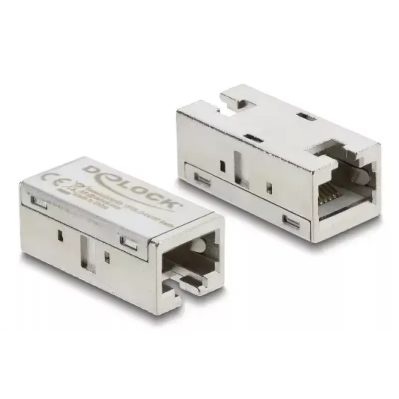 Adapter Coupler RJ45 jack-to-jack Cat.6A metal — DELOCK, flat, silver, 15.6×33.1×13.1 mm