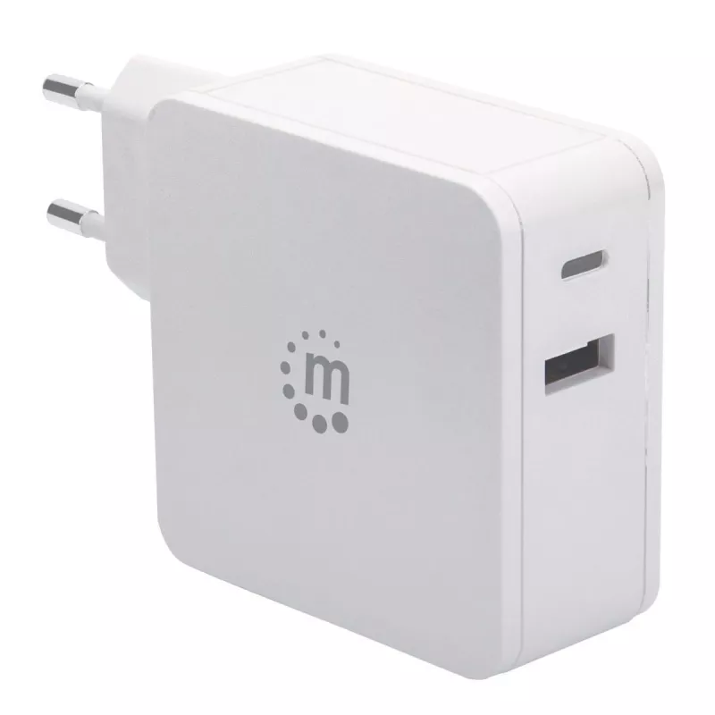 Manhattan Wall/Power Charger (Euro 2-pin), USB-C and USB-A ports, USB-C Output: 45W / 3A, USB-A Output: 2.4A, White, Three Year Warranty, Box