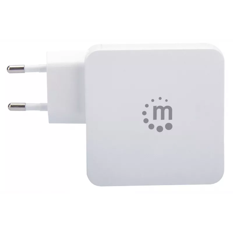 Manhattan Wall/Power Charger (Euro 2-pin), USB-C and USB-A ports, USB-C Output: 45W / 3A, USB-A Output: 2.4A, White, Three Year Warranty, Box