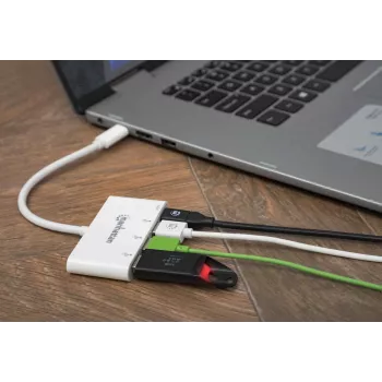 Manhattan USB-C Dock/Hub, Ports (x4): USB-A (x3) and USB-C, 5 Gbps (USB 3.2 Gen1 aka USB 3.0), With Power Delivery (60W) to USB-C Port (Note additional USB-C wall charger and USB-C cable needed), Universal for all devices, SuperSpeed USB, 3 Year Warranty