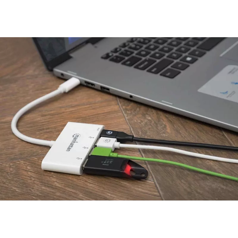 Manhattan USB-C Dock/Hub, Ports (x4): USB-A (x3) and USB-C, 5 Gbps (USB 3.2 Gen1 aka USB 3.0), With Power Delivery (60W) to USB-C Port (Note additional USB-C wall charger and USB-C cable needed), Universal for all devices, SuperSpeed USB, 3 Year Warranty