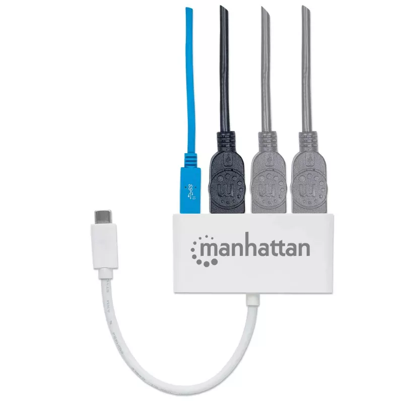 Manhattan USB-C Dock/Hub, Ports (x4): USB-A (x3) and USB-C, 5 Gbps (USB 3.2 Gen1 aka USB 3.0), With Power Delivery (60W) to USB-C Port (Note additional USB-C wall charger and USB-C cable needed), Universal for all devices, SuperSpeed USB, 3 Year Warranty