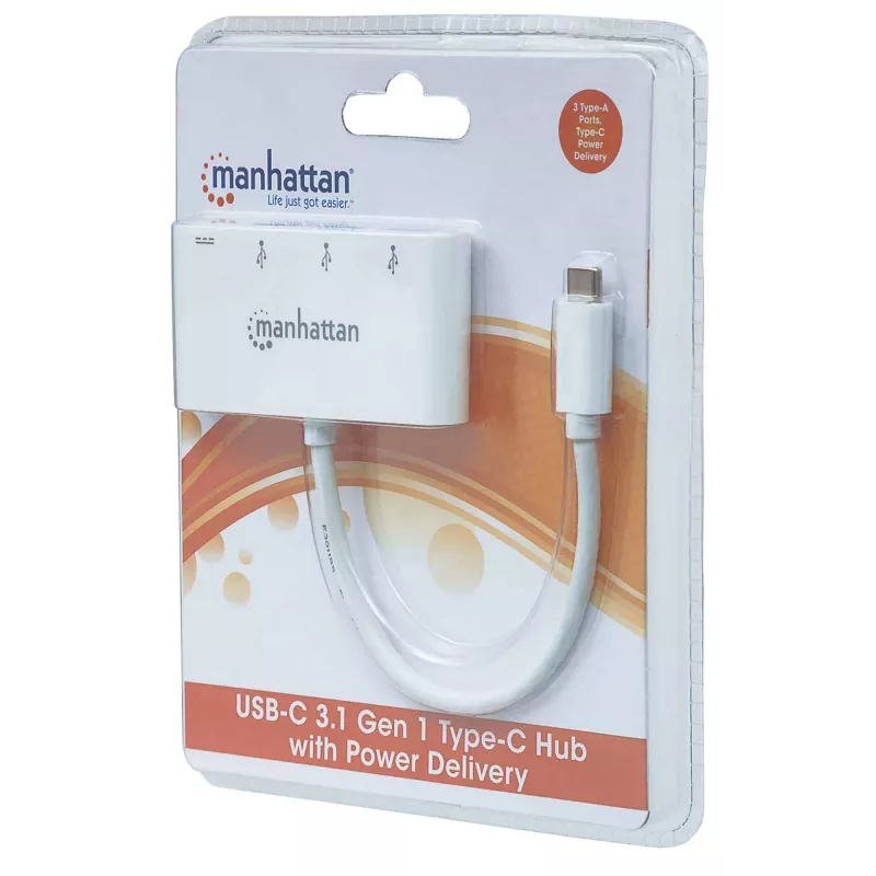 Manhattan USB-C Dock/Hub, Ports (x4): USB-A (x3) and USB-C, 5 Gbps (USB 3.2 Gen1 aka USB 3.0), With Power Delivery (60W) to USB-C Port (Note additional USB-C wall charger and USB-C cable needed), Universal for all devices, SuperSpeed USB, 3 Year Warranty
