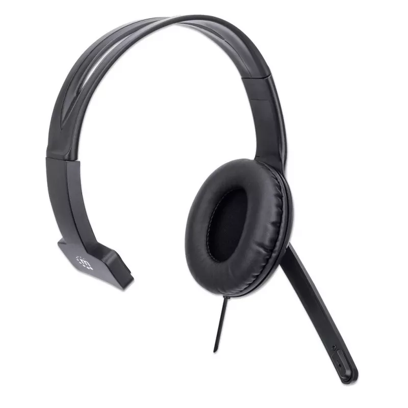 Manhattan Mono Over-Ear Headset (USB), Microphone Boom (padded), Retail Box Packaging, Adjustable Headband, In-Line Volume Control, Ear Cushion, USB-A for both sound and mic use, cable 1.5m, Three Year Warranty