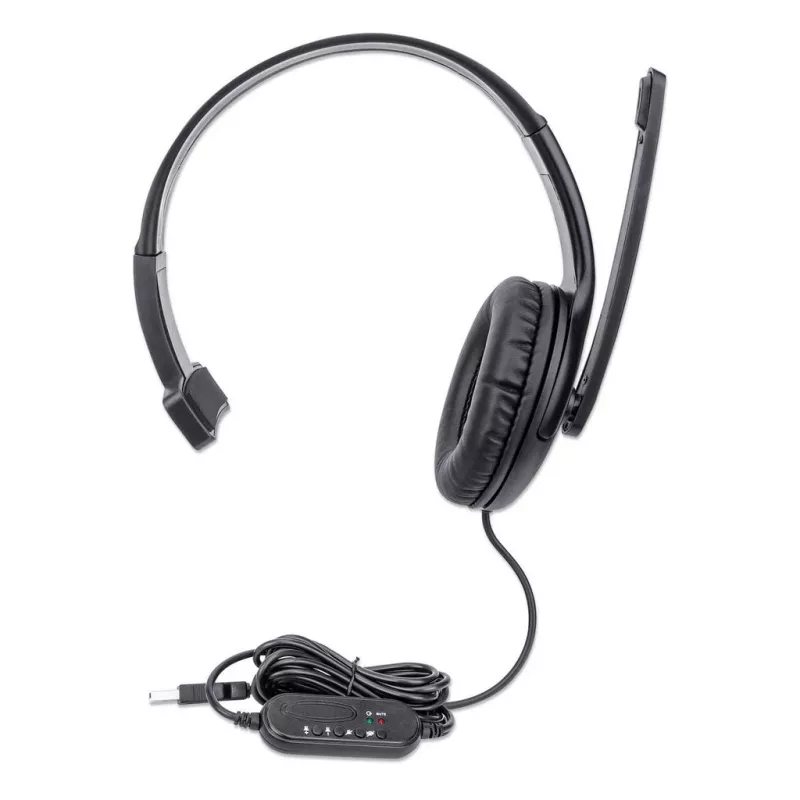 Manhattan Mono Over-Ear Headset (USB), Microphone Boom (padded), Retail Box Packaging, Adjustable Headband, In-Line Volume Control, Ear Cushion, USB-A for both sound and mic use, cable 1.5m, Three Year Warranty