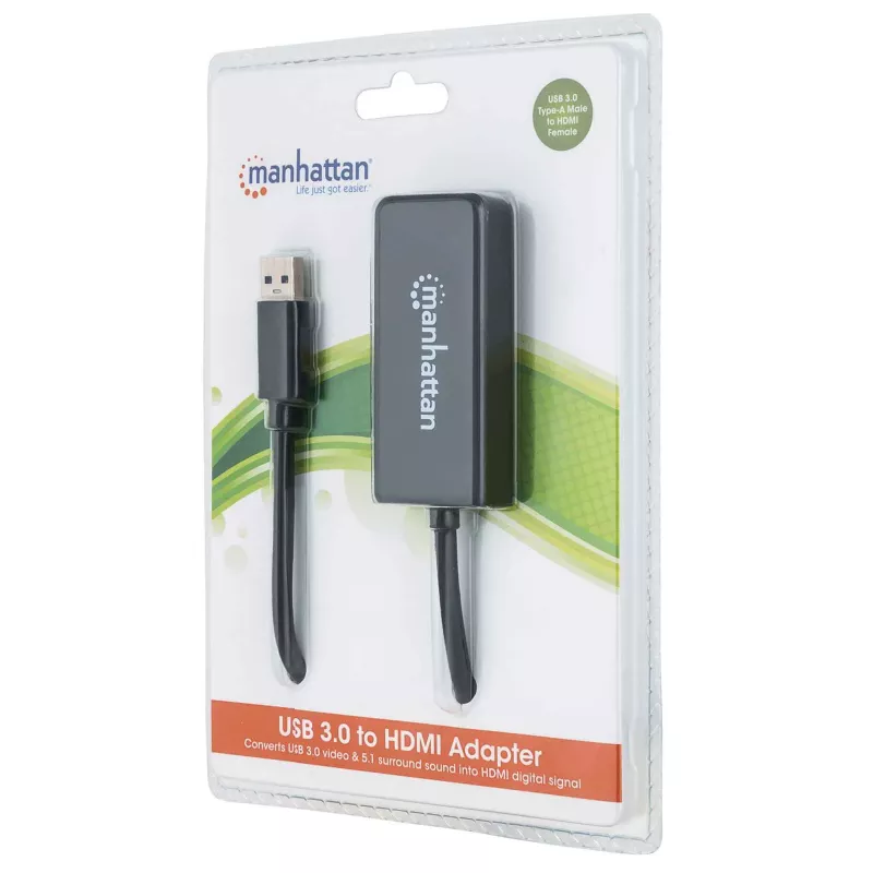 Manhattan USB-A to HDMI Adapter Cable, 60cm, Male to Female, 5 Gbps (USB 3.2 Gen1 aka USB 3.0), 2560x1440 @ 32-bit colour, Full HD video 1080p@16:9, Black, Blister
