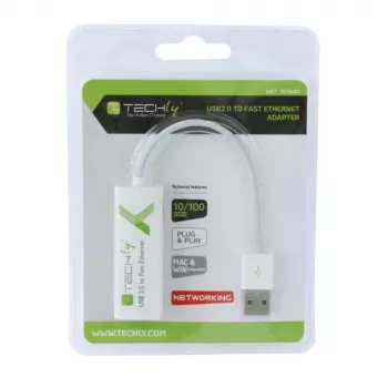 Techly USB2.0 to Fast Ethernet 10/100 Mbps converter, Wired, USB, Ethernet, 100 Mbit/s, White