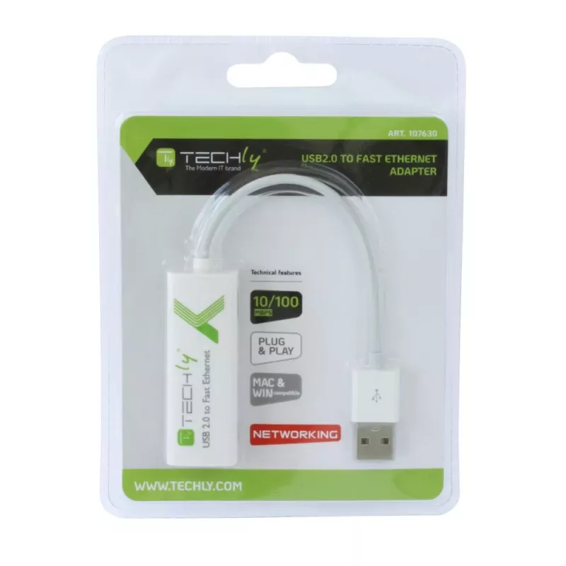 Techly USB2.0 to Fast Ethernet 10/100 Mbps converter, Wired, USB, Ethernet, 100 Mbit/s, White