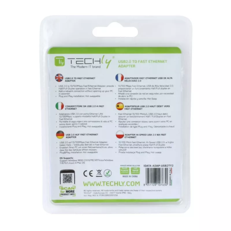 Techly USB2.0 to Fast Ethernet 10/100 Mbps converter, Wired, USB, Ethernet, 100 Mbit/s, White