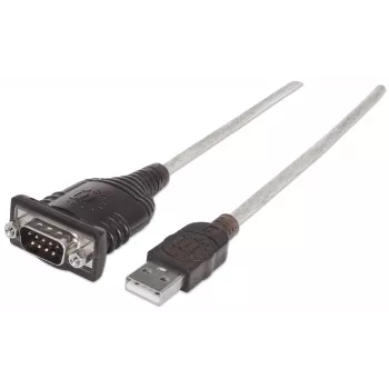 Manhattan USB-A to Serial Converter cable, 45cm, Male to Male, Serial/RS232/COM/DB9, Prolific PL-2303HXD Chip, Black/Silver cable, Three Year Warranty