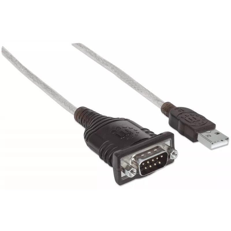 Manhattan USB-A to Serial Converter cable, 45cm, Male to Male, Serial/RS232/COM/DB9, Prolific PL-2303HXD Chip, Black/Silver cable, Three Year Warranty