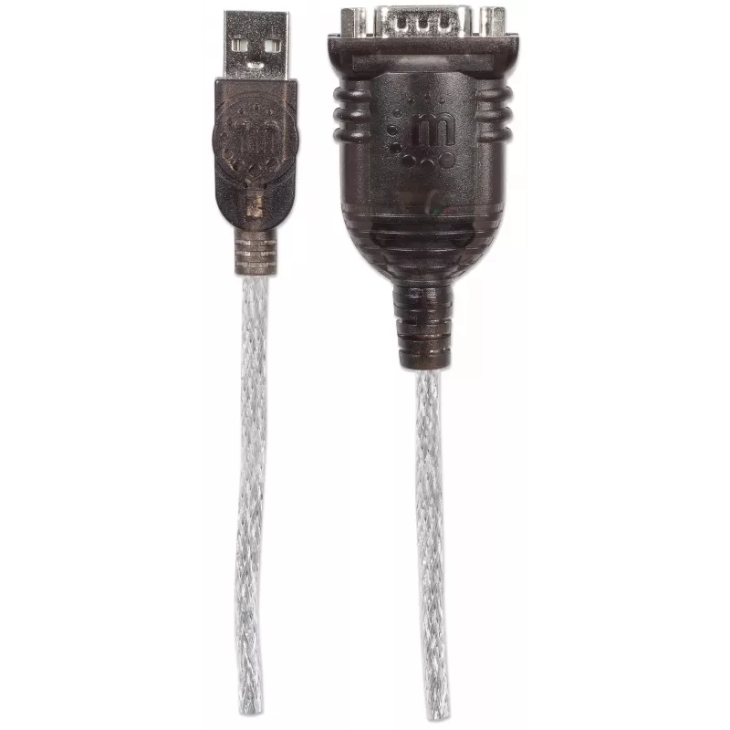 Manhattan USB-A to Serial Converter cable, 45cm, Male to Male, Serial/RS232/COM/DB9, Prolific PL-2303HXD Chip, Black/Silver cable, Three Year Warranty