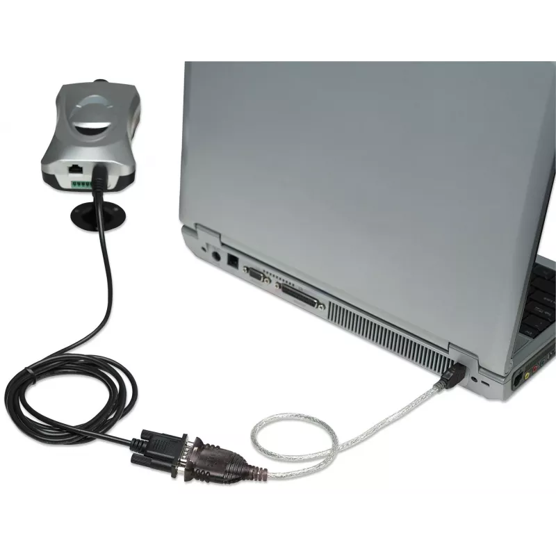 Manhattan USB-A to Serial Converter cable, 45cm, Male to Male, Serial/RS232/COM/DB9, Prolific PL-2303HXD Chip, Black/Silver cable, Three Year Warranty