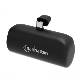 Manhattan Power Bank with integrated USB-C plug, 5000 mAh, Up to 20W output, Kickstand for Use as Charging Phone Holder, Black, One Year Warranty