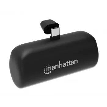 Manhattan Power Bank with integrated USB-C plug, 5000 mAh, Up to 20W output, Kickstand for Use as Charging Phone Holder, Black, One Year Warranty