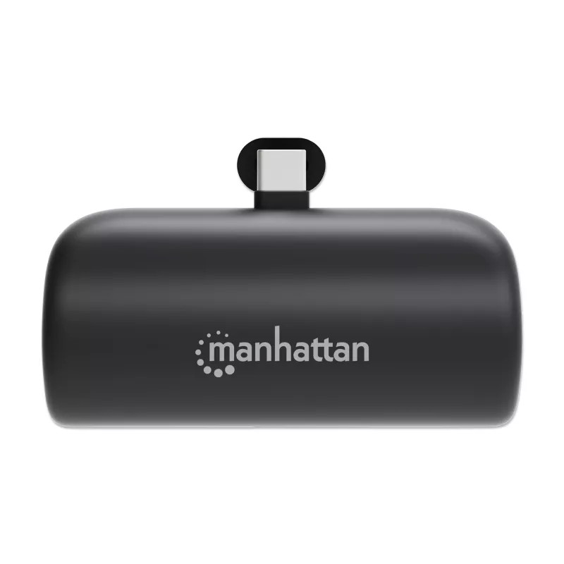 Manhattan Power Bank with integrated USB-C plug, 5000 mAh, Up to 20W output, Kickstand for Use as Charging Phone Holder, Black, One Year Warranty