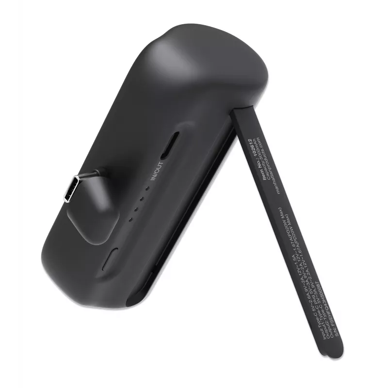 Manhattan Power Bank with integrated USB-C plug, 5000 mAh, Up to 20W output, Kickstand for Use as Charging Phone Holder, Black, One Year Warranty