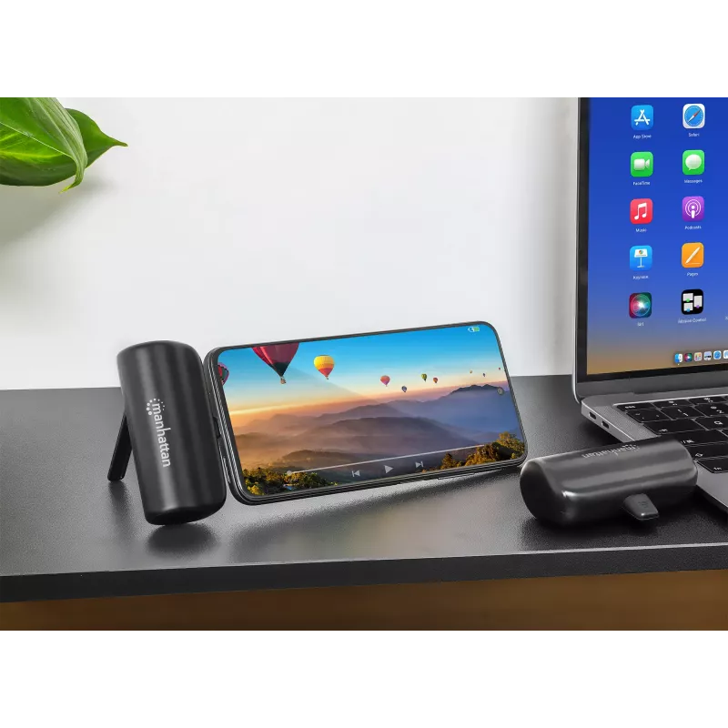 Manhattan Power Bank with integrated USB-C plug, 5000 mAh, Up to 20W output, Kickstand for Use as Charging Phone Holder, Black, One Year Warranty
