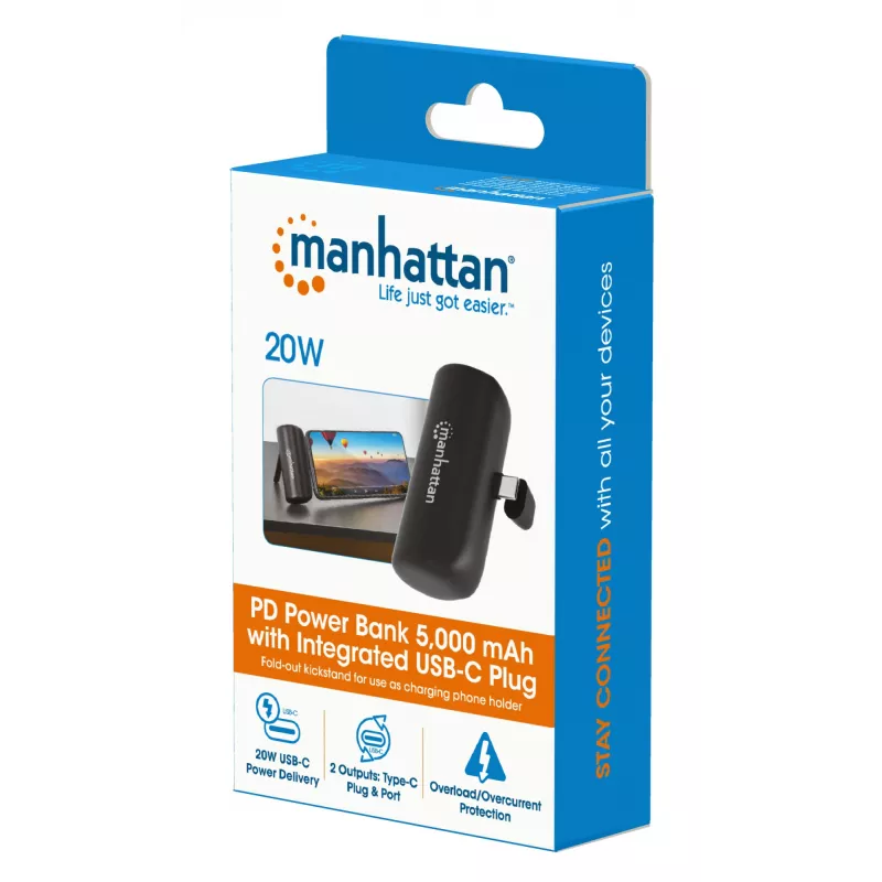 Manhattan Power Bank with integrated USB-C plug, 5000 mAh, Up to 20W output, Kickstand for Use as Charging Phone Holder, Black, One Year Warranty
