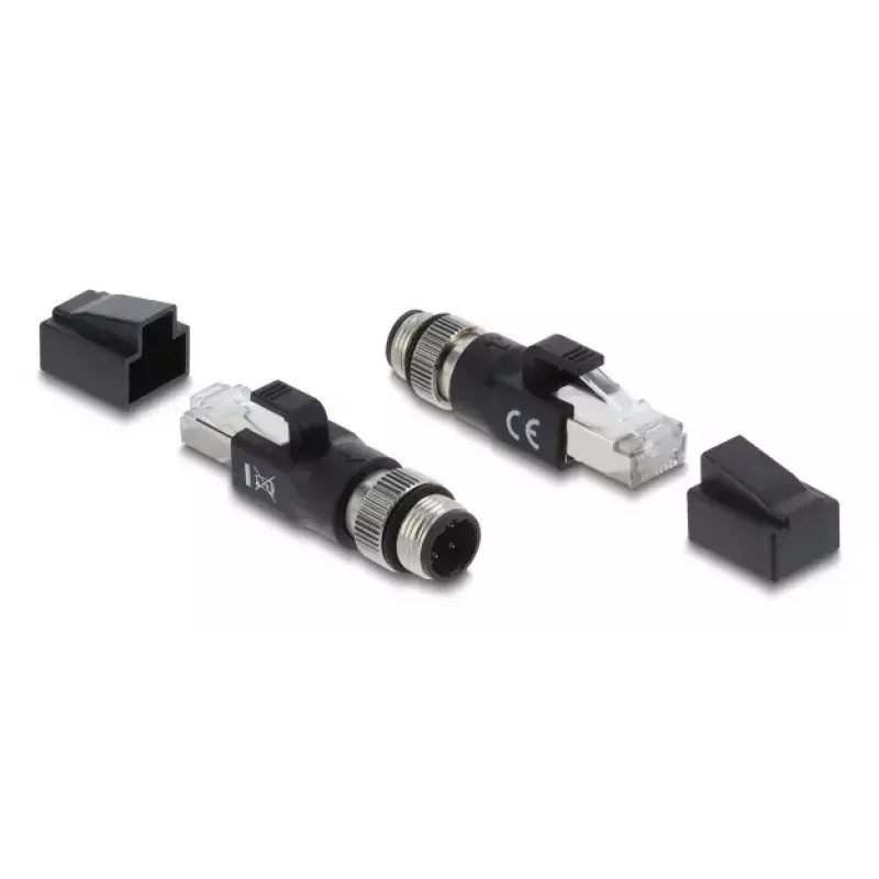 Adapter M12 D-coded 4-pin (male) to RJ45 plug, DELOCK 90831, gold-plated contacts, black