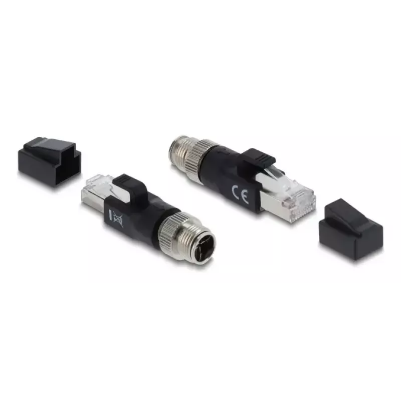 Adapter DELOCK M12 X-coded 8‑pin male to RJ45 plug, gold contacts, black