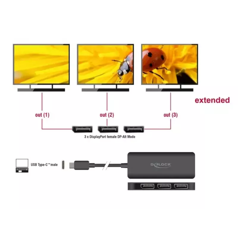 DeLOCK USB Type-C Splitter DP Alt Mode to 3 x DisplayPort MST 4K 60 Hz