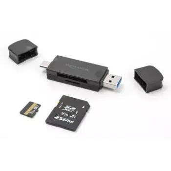 Card Reader DELOCK USB 5 Gbps USB Type-C / Type-A for SD and MicroSD, Black, 5000 Mbit/s, 21×77×10 mm