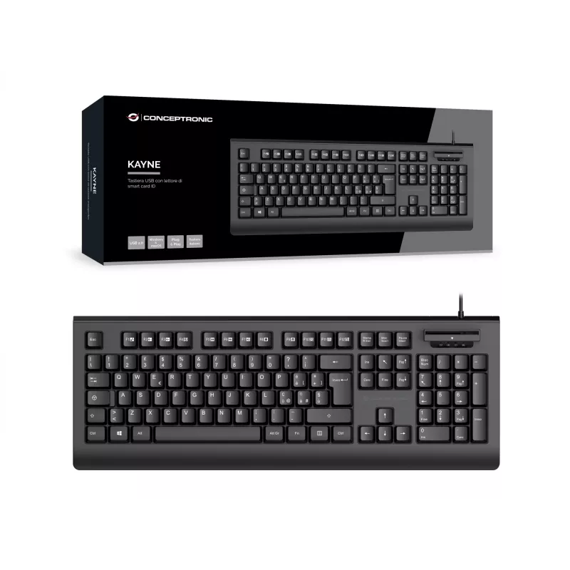 CONCEPTRONIC USB Keyboard with Smart ID Card Reader KAYNE01IT — Full-size 105-key, Italian layout, Wired, 1.5 m cable, Black