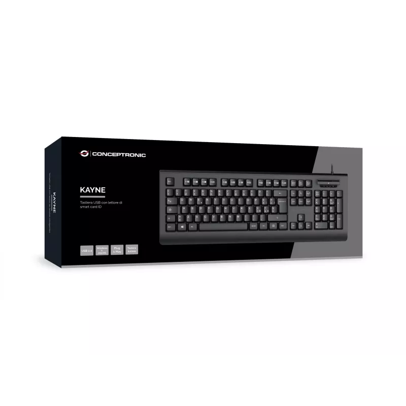 CONCEPTRONIC USB Keyboard with Smart ID Card Reader KAYNE01IT — Full-size 105-key, Italian layout, Wired, 1.5 m cable, Black